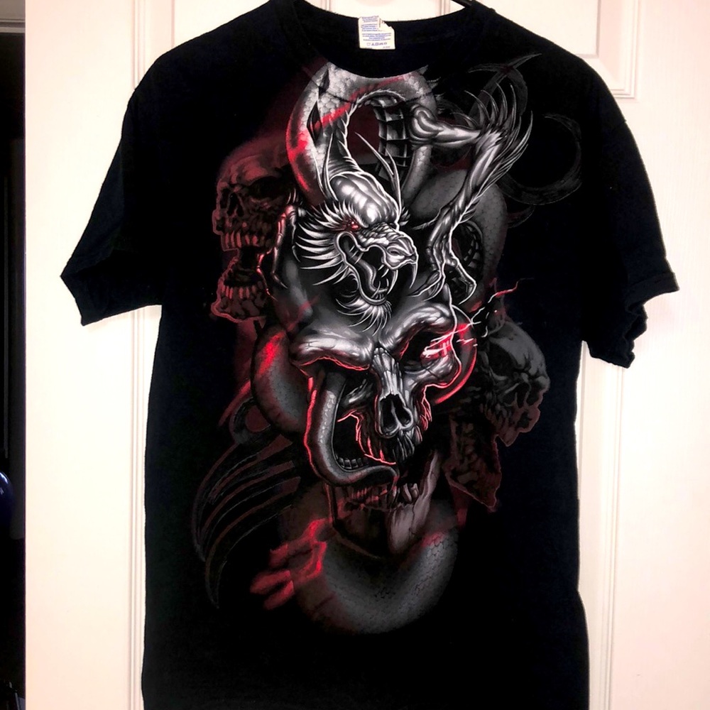 Vintage dragon skull black red M cotton T-shirt